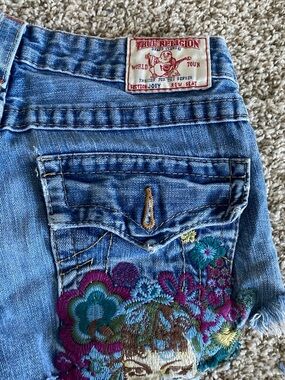 True Religion "Joey" embroidered denim cut-off shorts
